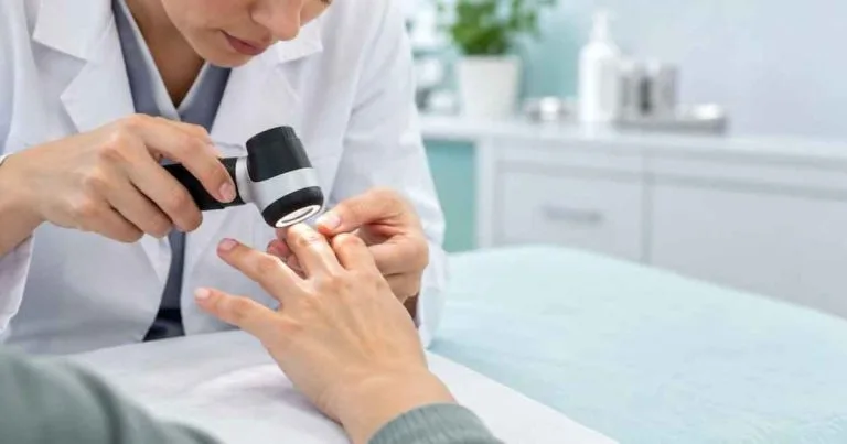 Bác sĩ da liễu soi da kẽ ngón tay bằng máy soi, bước khám giúp nhận biết ghẻ sinh dục và rận mu