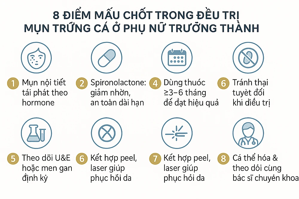 8-diem-mau-chot-dieu-tri-mun-trung-ca-phu-nu-truong-thanh.png Infographic tóm tắt các điểm chính trong điều trị mụn trứng cá phụ nữ trưởng thành bằng Spironolactone và Isotretinoin.