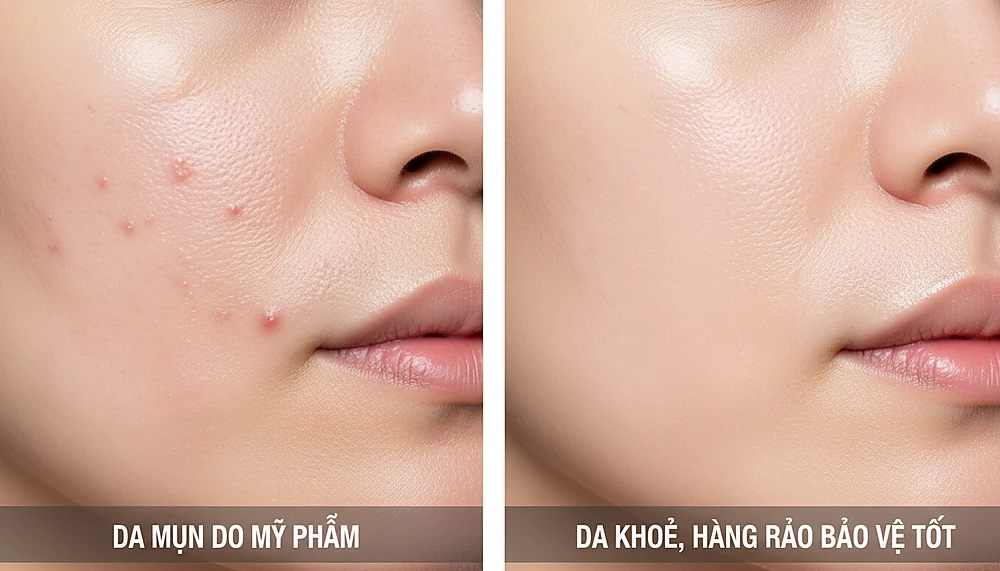 Hình minh họa so sánh mụn do mỹ phẩm (acne cosmetica) và da khỏe khi dùng moisturizer không gây mụn.
