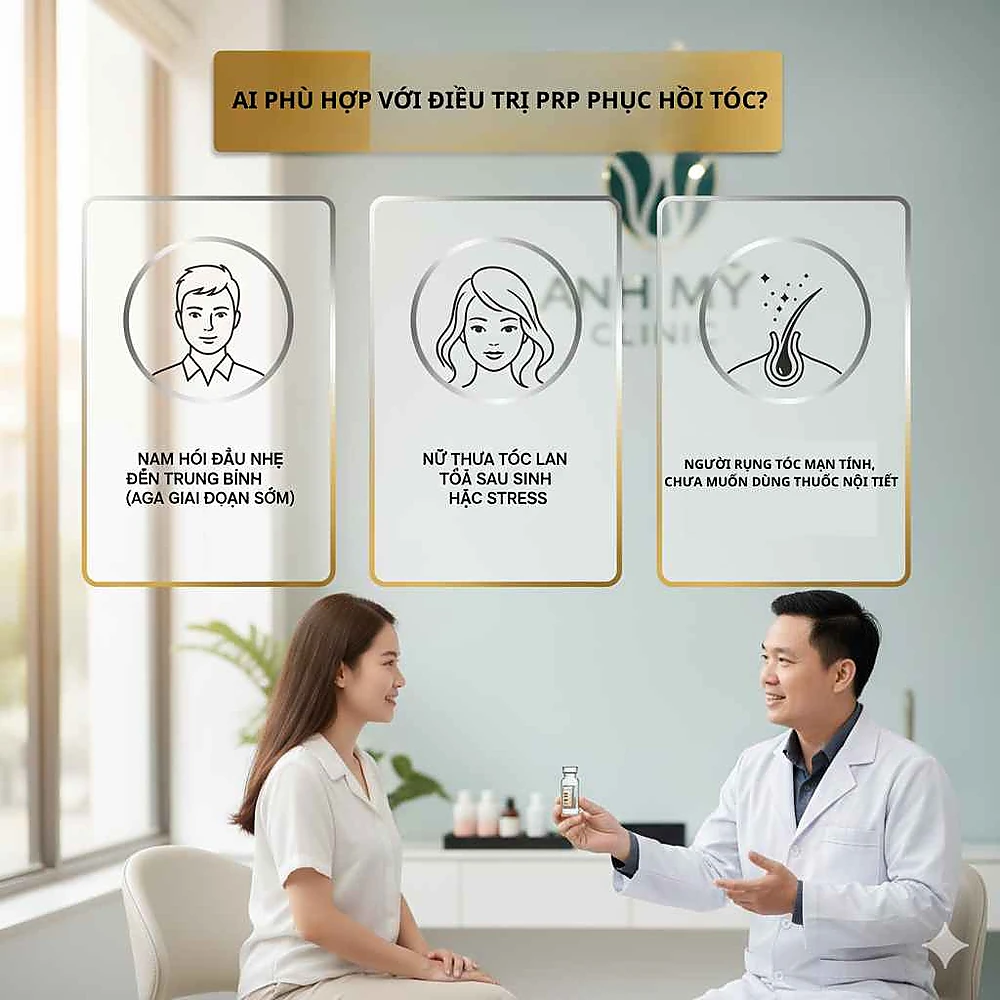 Infographic mô tả nhóm người phù hợp điều trị rụng tóc bằng PRP tại Phòng Khám Da Liễu Anh Mỹ