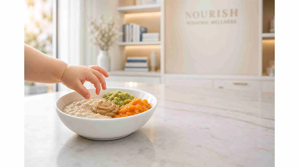Trẻ nhỏ tập ăn dặm với thực phẩm giàu sắt – bột ngũ cốc, rau củ nghiền và bơ đậu phộng tại phòng khám Anh Mỹ