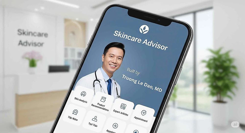 Giao diện app chăm sóc da khoa học được phát triển bởi Bs Trương Lê Đạo.