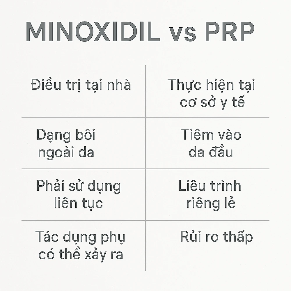 Bảng so sánh nhanh hiệu quả, chi phí, và an toàn giữa Minoxidil và PRP trong điều trị rụng tóc tại Anh Mỹ Clinic