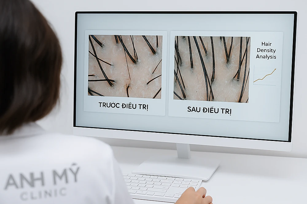 Bác sĩ Trương Lê Đạo đo mật độ tóc và so sánh ảnh kỹ thuật số để đánh giá hiệu quả điều trị rụng tóc tại Phòng Khám Da Liễu Anh Mỹ