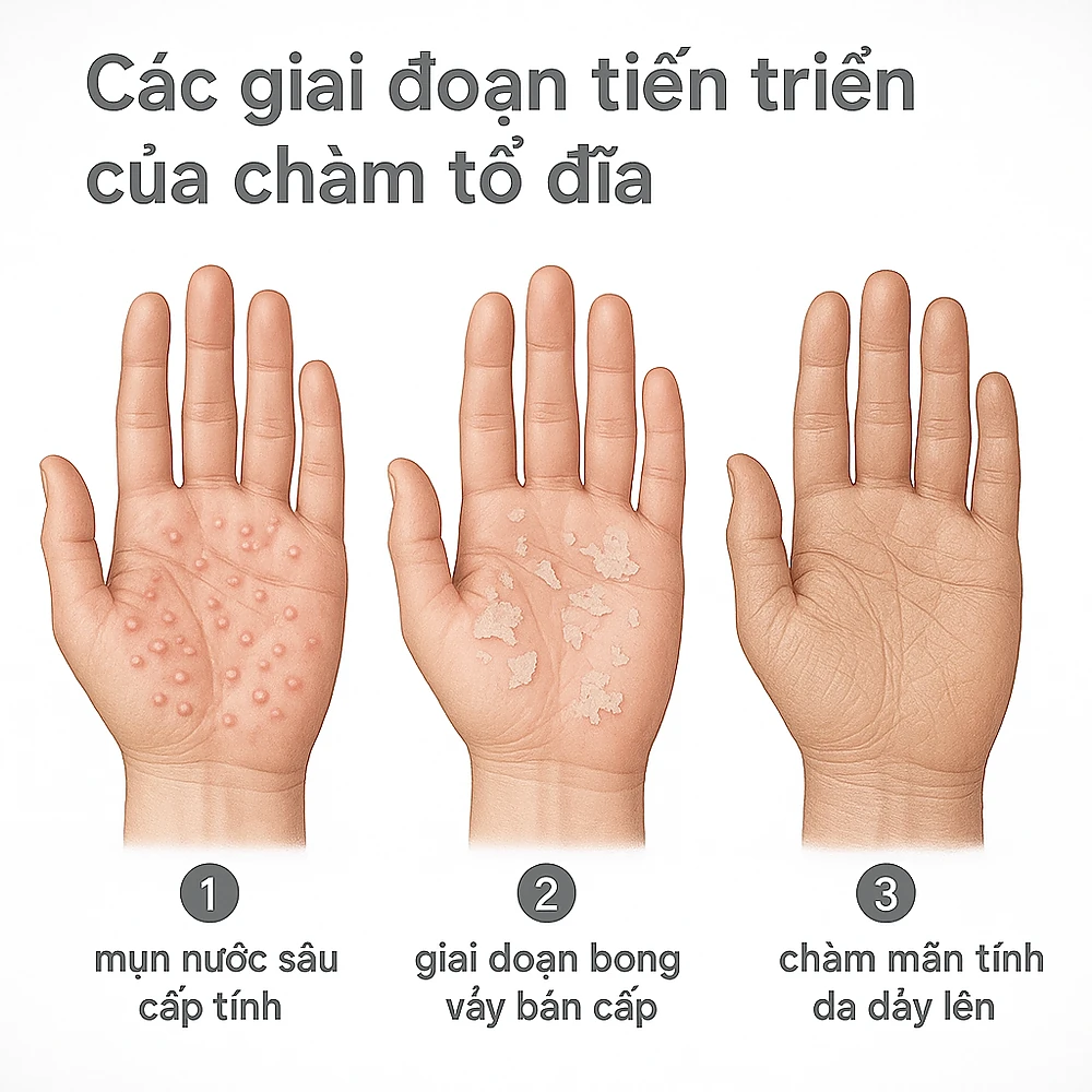 Sơ đồ minh họa ba giai đoạn tiến triển của chàm tổ đỉa trên lòng bàn tay và bàn chân.