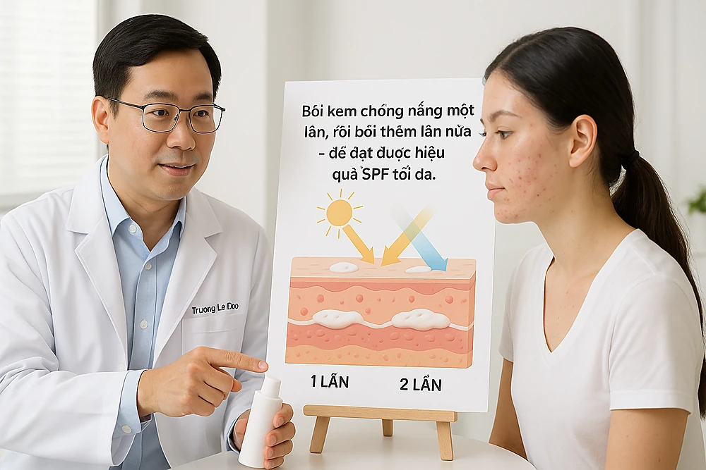 Bác sĩ da liễu Việt Nam hướng dẫn bệnh nhân mụn cách bôi kem chống nắng đúng lượng theo quy tắc Bôi kem chống nắng một lần, rồi bôi thêm lần nữa – để đạt được hiệu quả SPF tối đa.