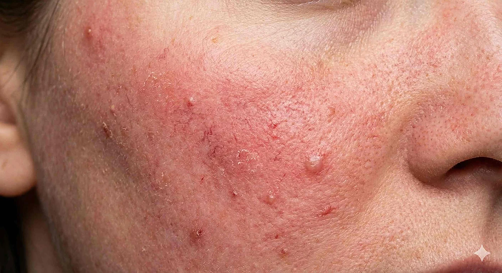 Dấu hiệu bệnh rosacea điển hình gồm đỏ mặt và giãn mạch máu li ti, sẩn mủ