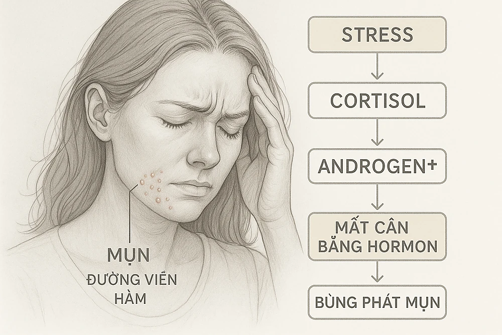 cang-thang-bung-phat-noi-tiet-mun-trung-ca-phu-nu-truong-thanh.png Hình minh họa mối liên hệ giữa stress, hormone androgen và mụn tái phát vùng cằm ở phụ nữ trưởng thành.