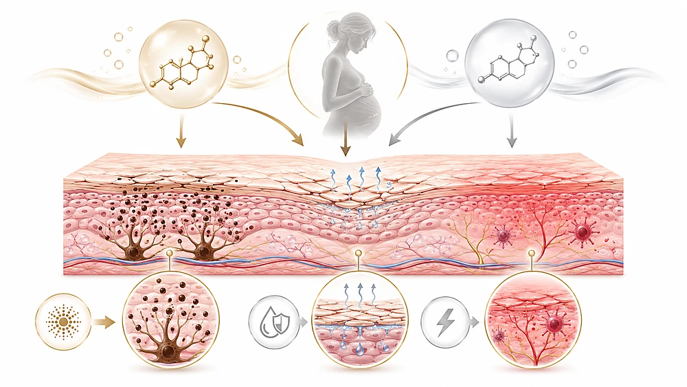 Sơ đồ thay đổi da trong thai kỳ do nội tiết tố estrogen và progesterone ảnh hưởng