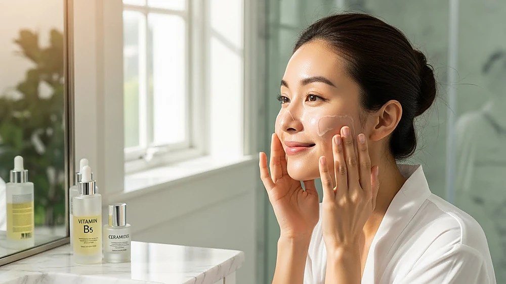 Chăm sóc da sau laser Nd:YAG trị nám bằng serum cấp ẩm lỏng nhẹ chứa B5.