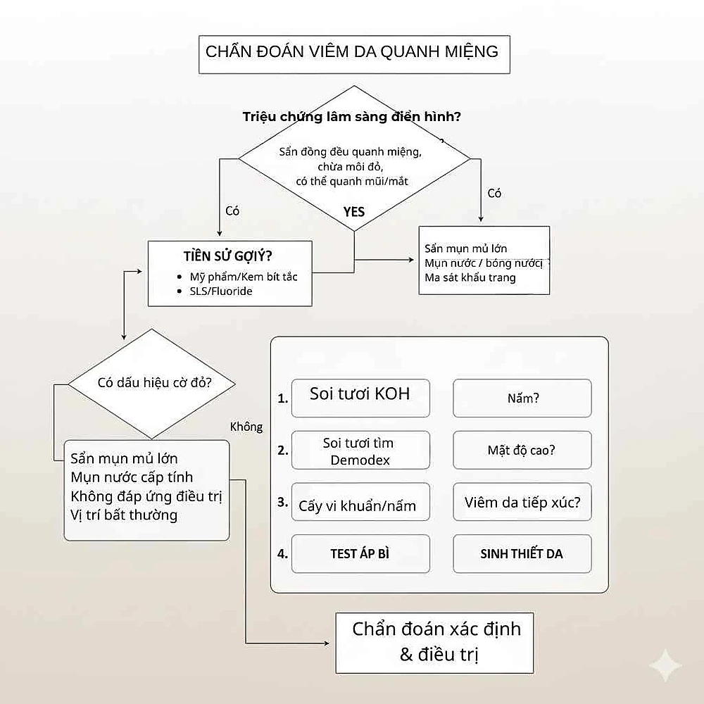  Lưu đồ chẩn đoán viêm da quanh miệng dựa lâm sàng, kèm nhánh chỉ định KOH, test Demodex, cấy khuẩn, patch test và sinh thiết khi không điển hình.