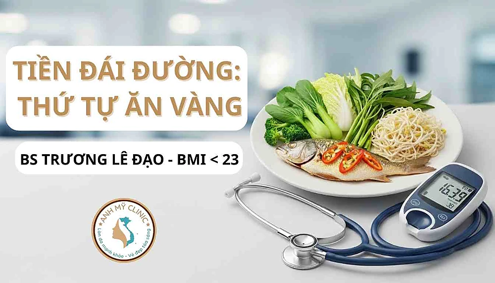 Bác sĩ Trương Lê Đạo hướng dẫn chế độ ăn tiền đái đường chuẩn y khoa cho người Châu Á có BMI trên 23, minh họa quy tắc thứ tự ăn vàng và đĩa ăn lành mạnh với miến đậu xanh, cá và rau xanh.