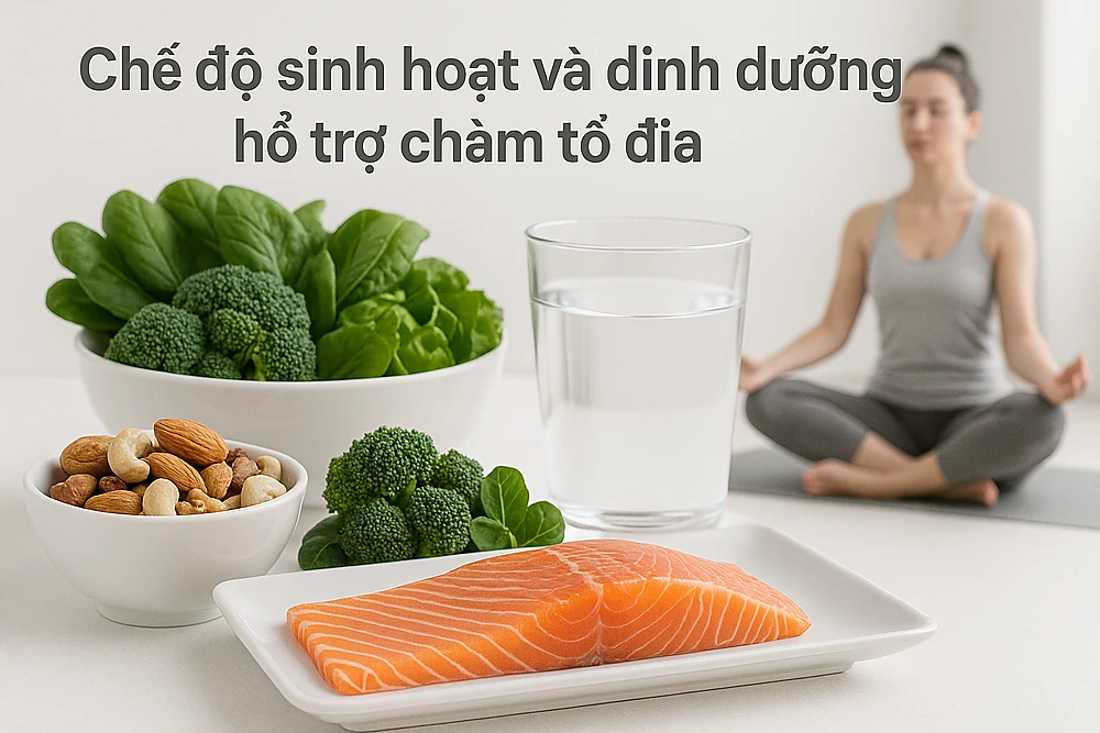 Hình minh họa thực phẩm và thói quen sinh hoạt hỗ trợ điều trị chàm tổ đỉa: cá hồi, rau xanh, yoga, uống nước đầy đủ.