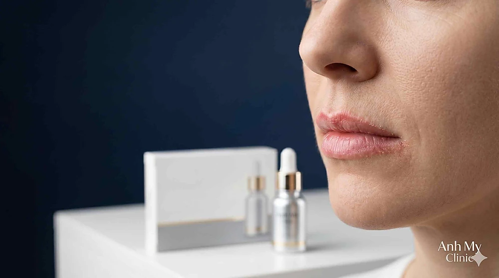Bức ảnh cận cảnh chân thực về nửa dưới khuôn mặt nhìn nghiêng của một người phụ nữ, tập trung vào đôi môi bị đỏ nhẹ và bong vảy nhất quán với bệnh viêm môi (cheilitis). Ở hậu cảnh, trên nền xanh đậm, một bộ xét nghiệm dị ứng y tế tối giản màu trắng và một lọ thuốc nhỏ giọt nằm trên bề mặt màu trắng.