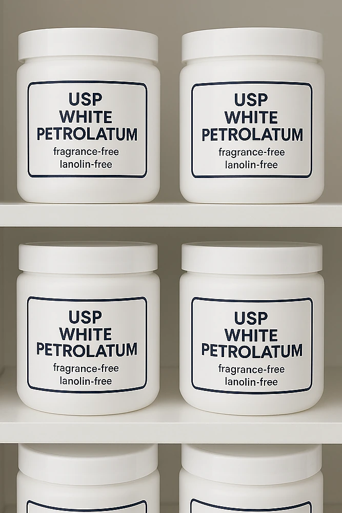 Lọ petrolatum USP-grade, nhãn “fragrance-free, lanolin-free”.