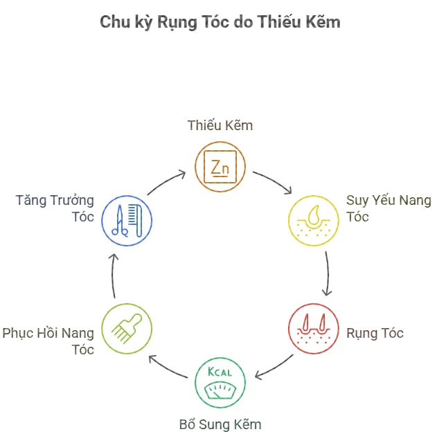 Hình ảnh mô tả chu kỳ rụng tóc do thiếu kẽm, bao gồm các bước từ thiếu kẽm, suy yếu nang tóc, rụng tóc, đến việc bổ sung kẽm giúp phục hồi nang tóc và tăng trưởng tóc.