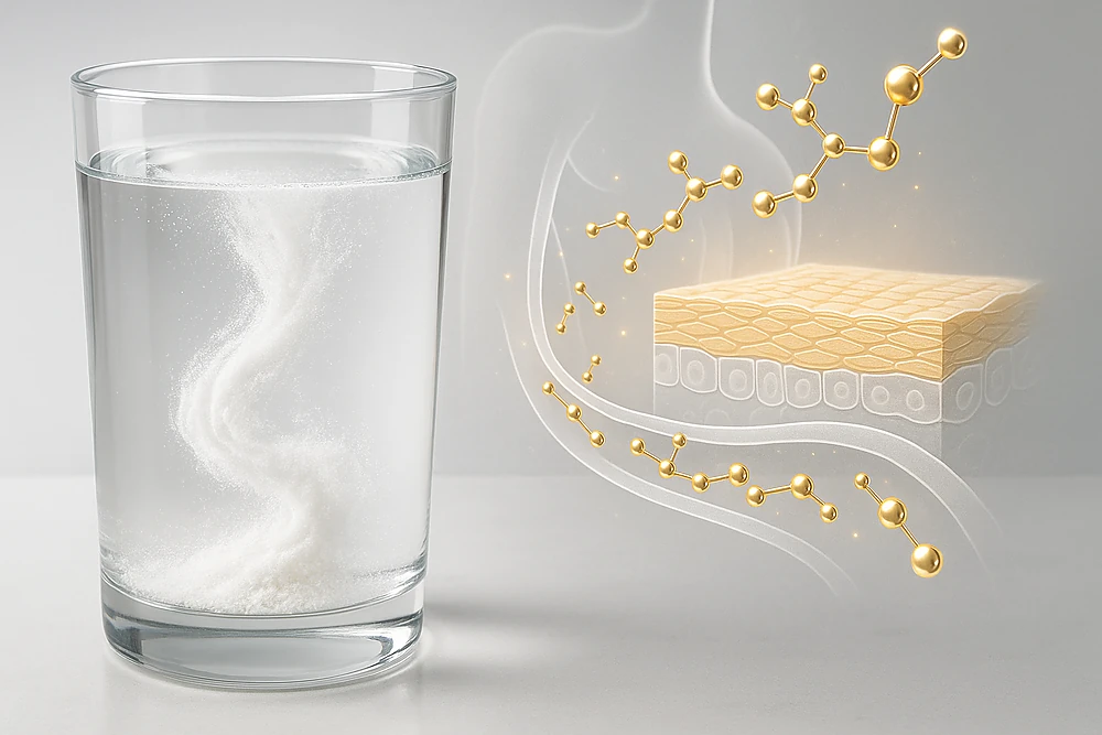 Collagen uống cung cấp peptide và acid amin cho da từ bên trong thông qua đường máu.