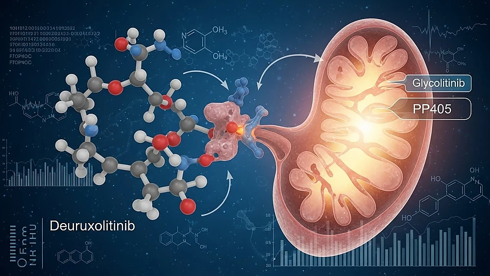 Mô hình phân tử Deuruxolitinib ức chế thụ thể JAK1/JAK2 ngăn chặn tín hiệu viêm và bảo vệ tế bào gốc nang tóc.
