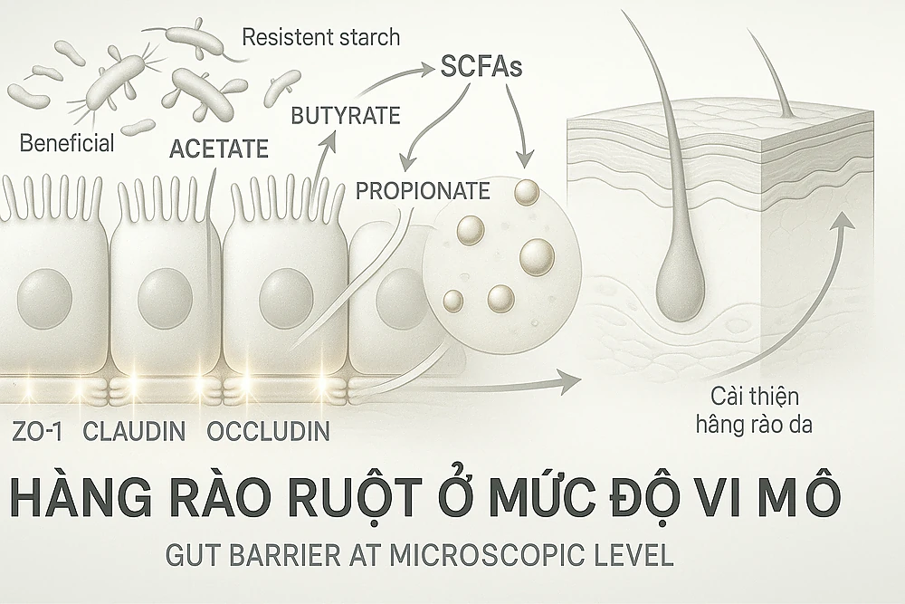 Minh hoạ SCFA (butyrate, acetate, propionate) củng cố hàng rào ruột, siết chặt tight junctions và giảm viêm theo trục ruột–da.