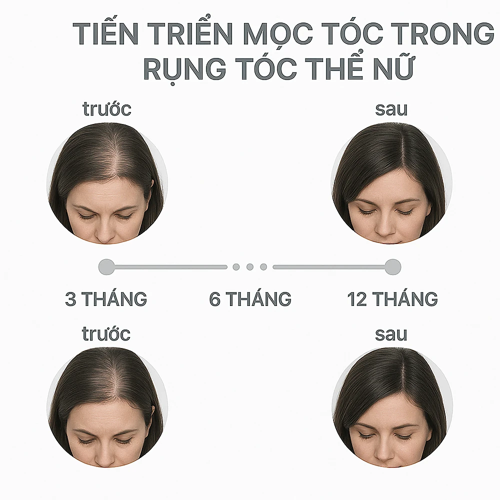 Biểu đồ mốc thời gian đánh giá đáp ứng điều trị rụng tóc kiểu nữ bằng spironolactone.