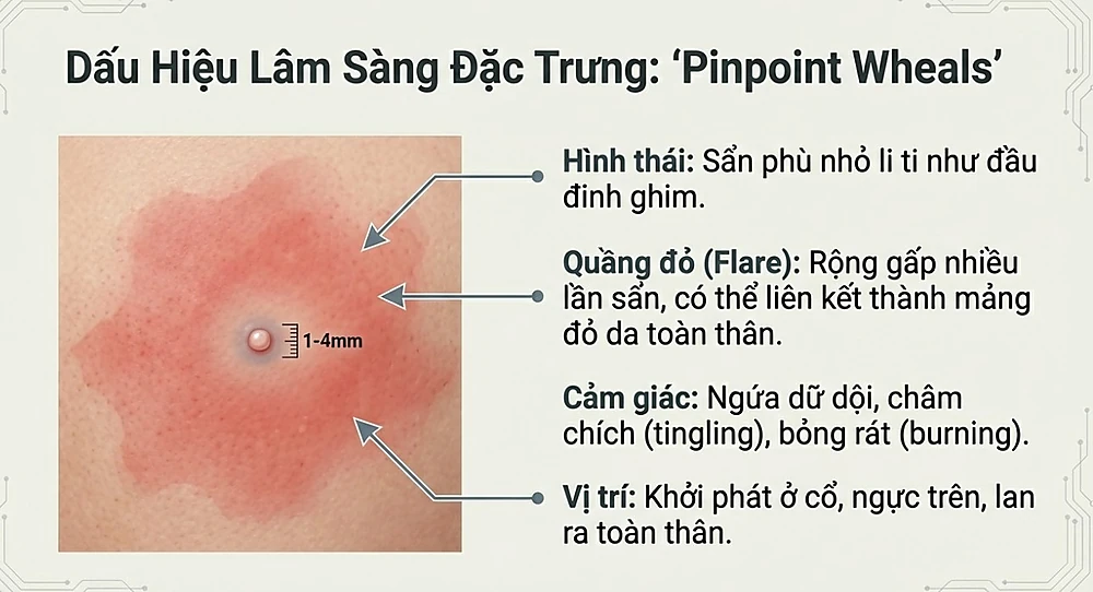 Infographic mô tả dấu hiệu lâm sàng đặc trưng 'Pinpoint Wheals' của mề đay cholinergic. Hình ảnh chi tiết nốt sẩn phù nhỏ li ti (1-4mm) bao quanh bởi quầng đỏ rộng, kèm theo mô tả cảm giác châm chích, bỏng rát và vị trí khởi phát thường gặp ở vùng cổ, ngực.