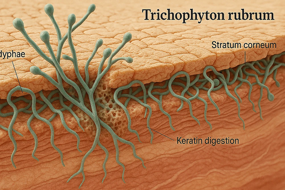 Cấu trúc vi nấm dermatophyte xâm nhập lớp sừng gây nhiễm nấm da (tinea corporis).