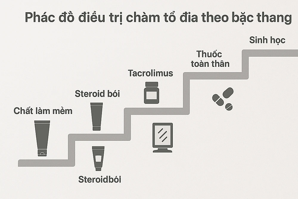 Sơ đồ minh họa 6 bậc điều trị chàm tổ đỉa theo hướng dẫn của BS Trương Lê Đạo – Anh Mỹ Clinic.