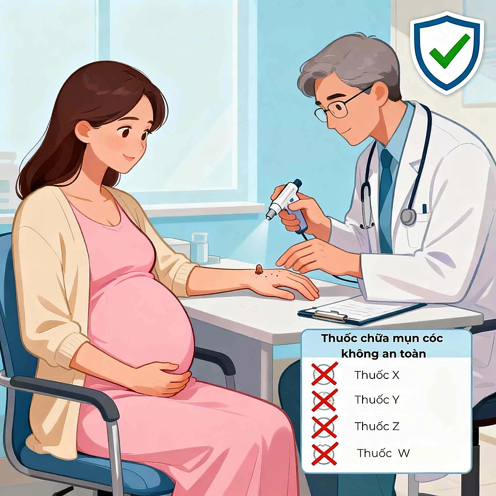 Minh họa thai phụ được bác sĩ da liễu áp lạnh mụn cóc và tránh thuốc độc tế bào