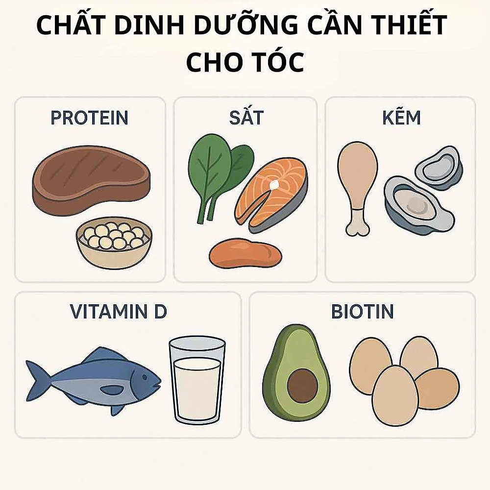 Infographic dinh dưỡng giúp tóc khỏe mạnh (protein, sắt, kẽm, biotin).