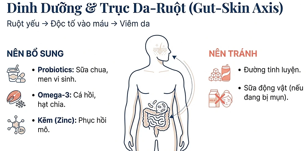 Sơ đồ trục da–ruột (Gut–Skin Axis) cho thấy mối liên hệ giữa ruột và da, khuyến nghị bổ sung probiotics, omega-3 và kẽm để giảm viêm da, đồng thời tránh đường tinh luyện và sữa động vật khi da đang viêm mụn
