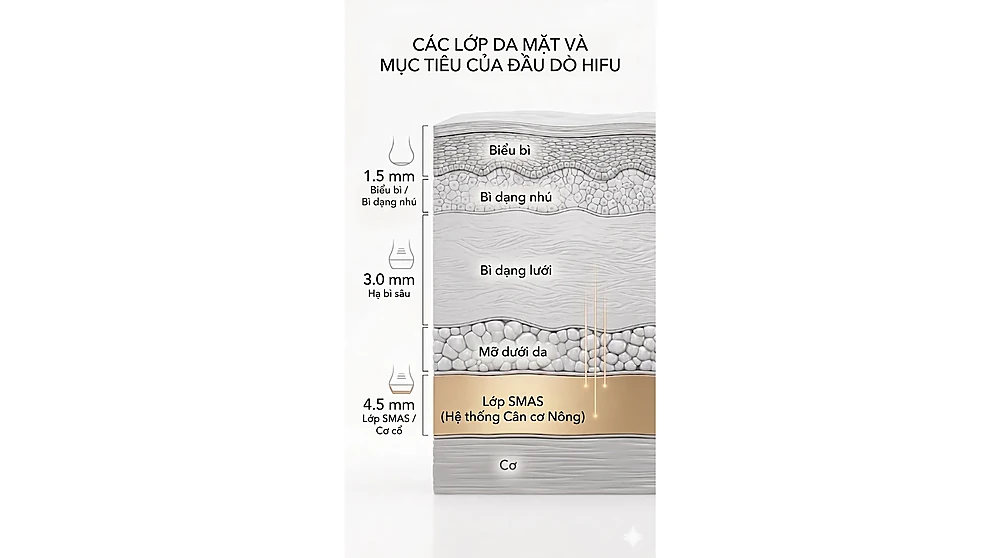 Sơ đồ độ sâu tác động HIFU vào lớp SMAS 4.5mm và lớp bì 3mm
