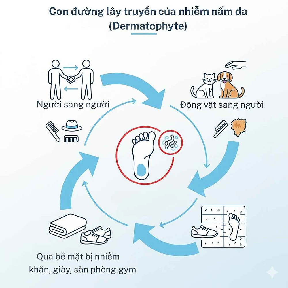Sơ đồ minh họa các con đường lây nhiễm nấm da: tiếp xúc trực tiếp, vật trung gian và môi trường ẩm.