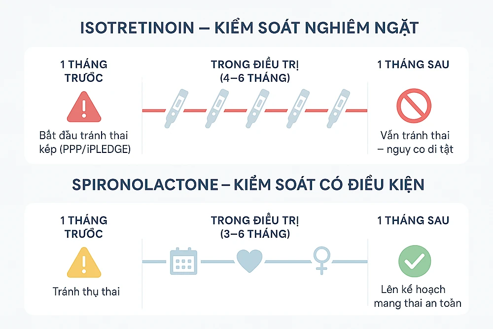 duong-thoi-gian-tranh-thai-isotretinoin-spironolactone.png Infographic mô tả quy trình tránh thai và thời gian ngưng thuốc an toàn trước khi mang thai sau điều trị bằng Isotretinoin hoặc Spironolactone.