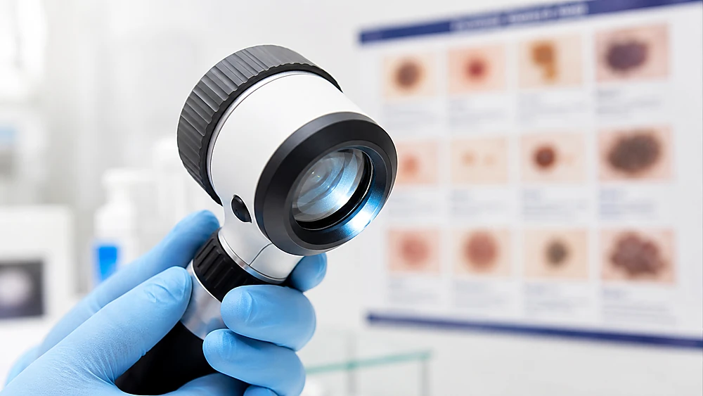 Bác sĩ da liễu sử dụng thiết bị nội soi niêm mạc mucoscopy để phân biệt chính xác gai tiền đình và sùi mào gà cho người bệnh.