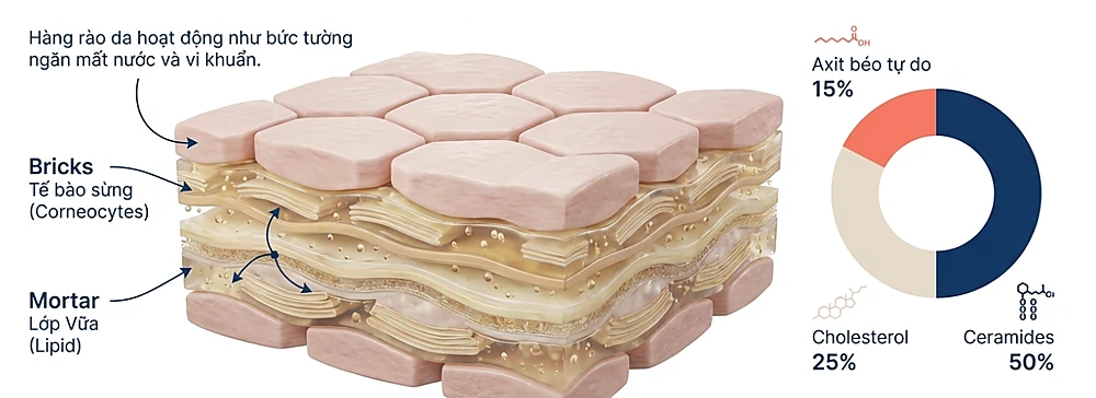 Cấu trúc hàng rào bảo vệ da brick and mortar với tế bào sừng và lipid gian bào