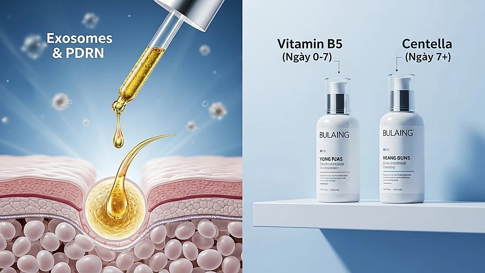 Hoạt chất phục hồi da sau laser 2025: Exosomes, PDRN, Vitamin B5 và Rau má.