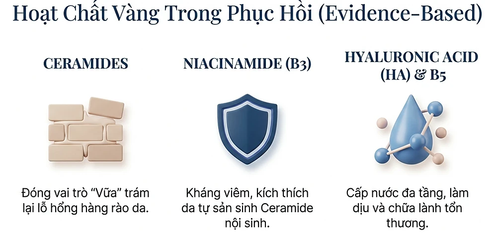 Minh họa các hoạt chất vàng trong phục hồi hàng rào da gồm Ceramides trám lipid gian bào, Niacinamide (B3) kháng viêm kích thích tổng hợp ceramide nội sinh và Hyaluronic Acid kết hợp B5 giúp cấp nước và chữa lành da
