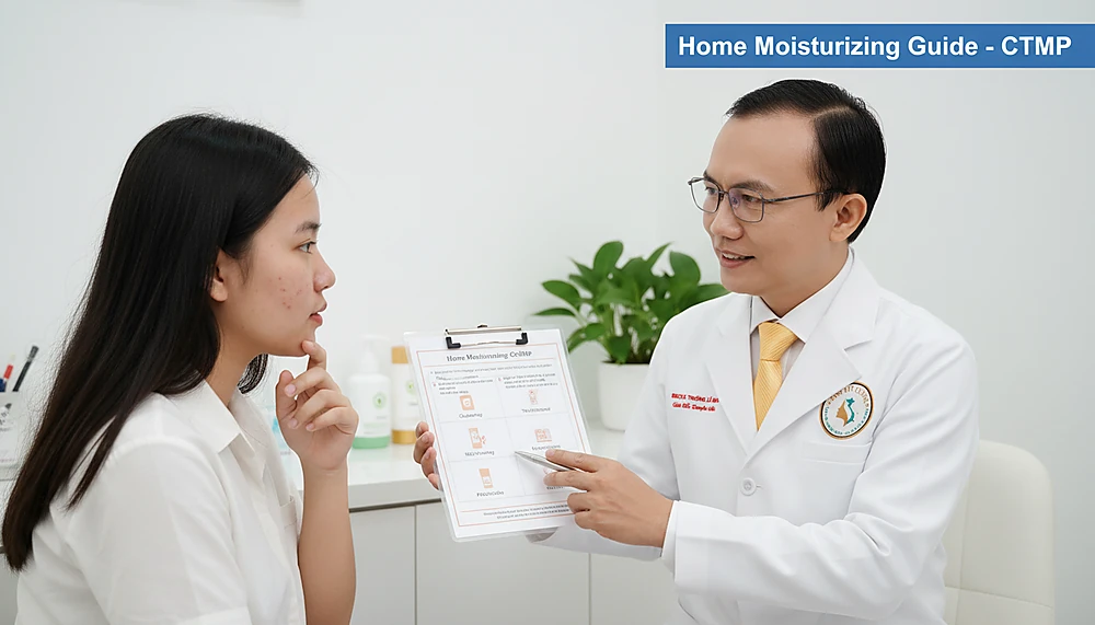 Bác sĩ da liễu hướng dẫn bệnh nhân quy trình CTMP dưỡng ẩm và dùng thuốc trị mụn tại nhà.