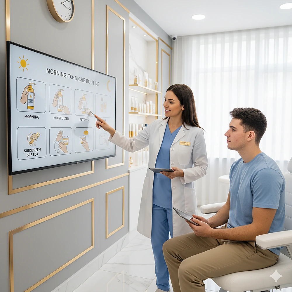 Bác sĩ hướng dẫn quy trình sáng–tối dùng kem chống nắng trong điều trị mụn.