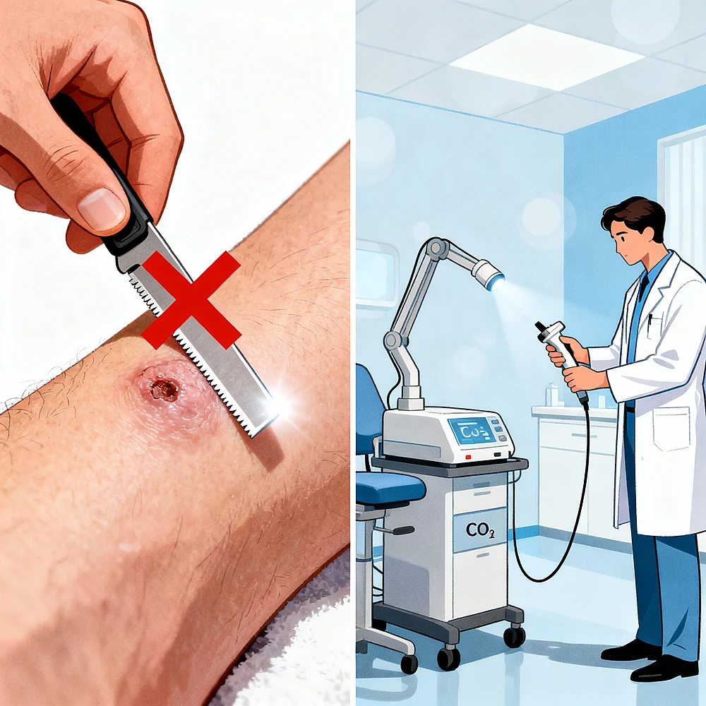 Không nên tự cắt hoặc đốt mụn cóc tại nhà, hãy để bác sĩ chuyên khoa xử lý
