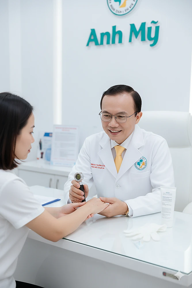 Bác sĩ Trương Lê Đạo đang thăm khám và tư vấn cho bệnh nhân chàm tổ đỉa tại Anh Mỹ Clinic TP.HCM.