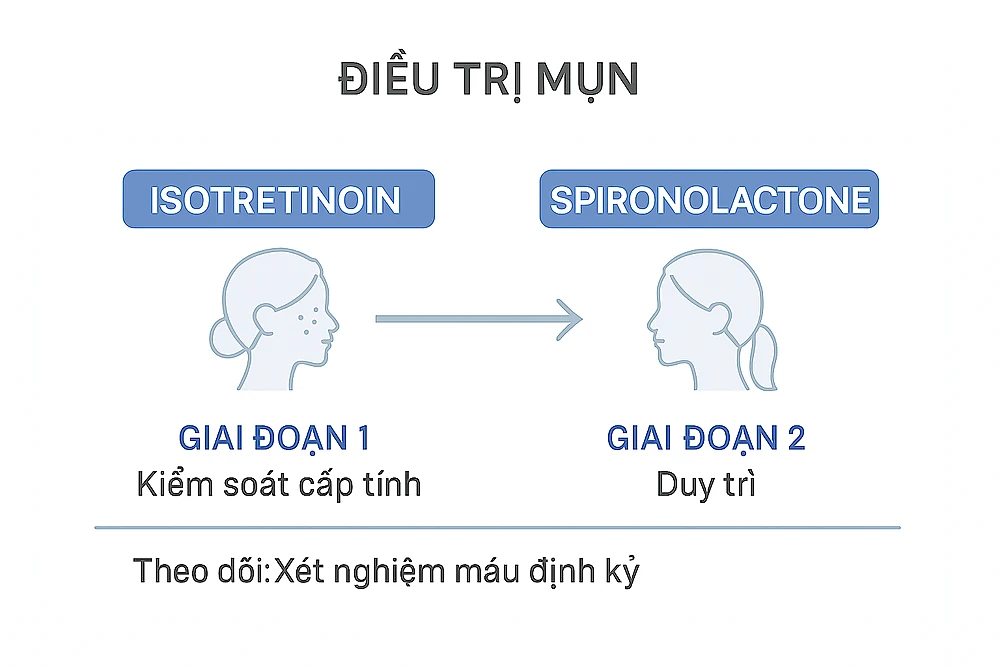 lieu-trinh-tuan-tu-isotretinoin-spironolactone-dieu-tri-mun-phu-nu-2.png Sơ đồ hai giai đoạn điều trị mụn ở phụ nữ trưởng thành bằng Isotretinoin và Spironolactone theo mô hình Anh Mỹ Clinic.