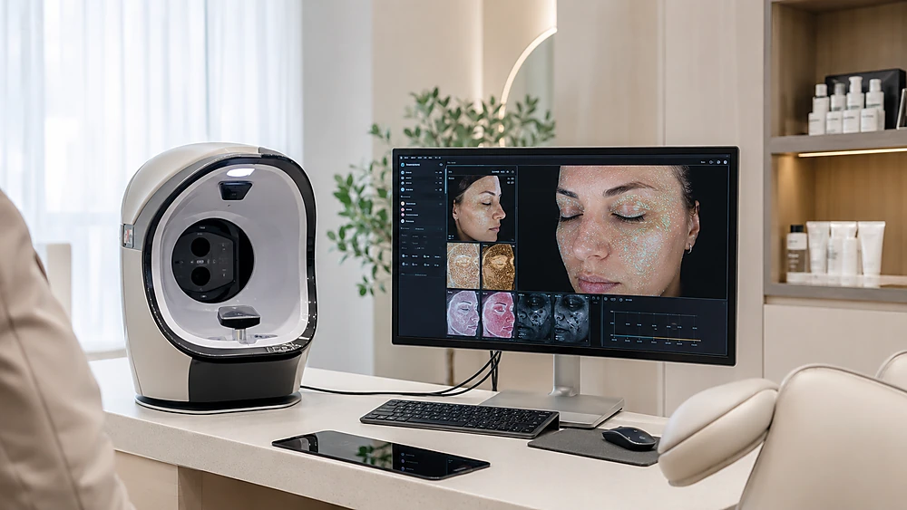 Thiết bị phân tích da khách quan giúp đo và đánh giá mức độ lỗ chân lông to tại phòng khám.
