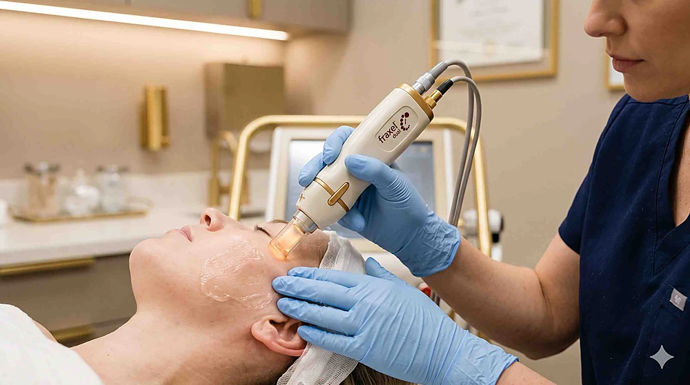 Bác sĩ da liễu thực hiện điều trị laser cải thiện lỗ chân lông to tại cơ sở y tế chuyên khoa.