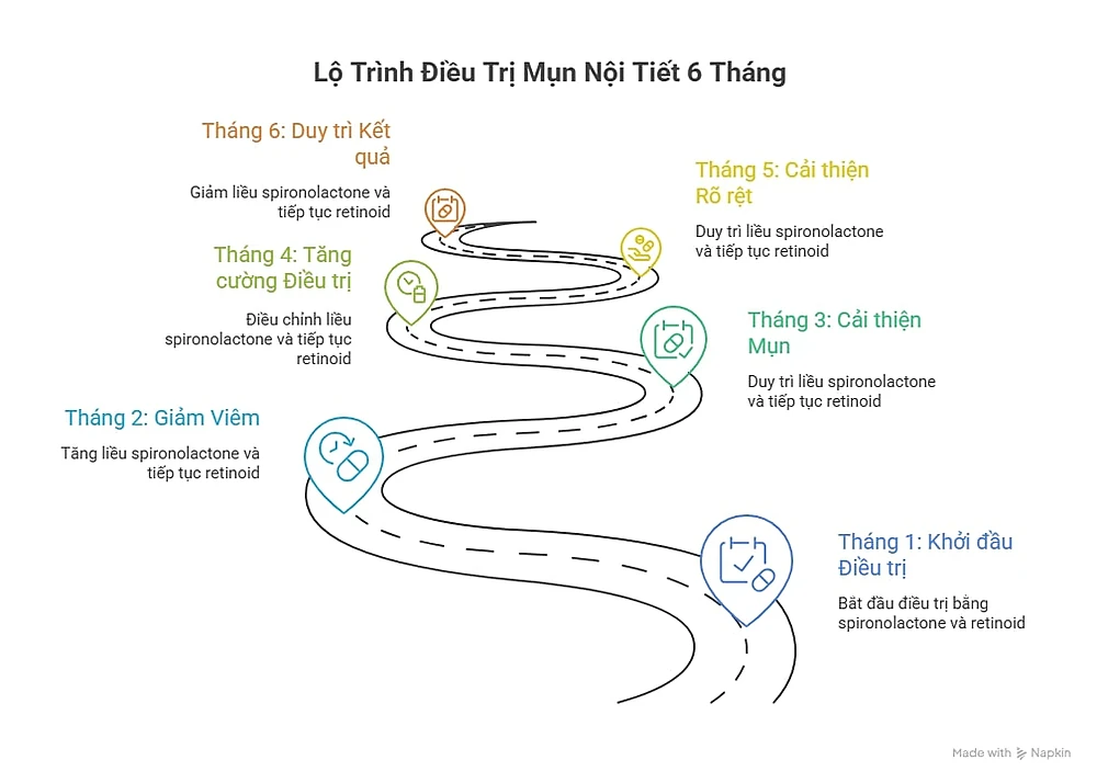 Infographic mô tả lộ trình 6 tháng điều trị mụn tuổi dậy thì nữ bằng spironolactone, retinoid và peel da.