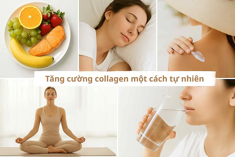 Ảnh minh họa thói quen giúp tăng collagen gồm ăn uống lành mạnh, ngủ đủ, tập yoga, uống nước và chống nắng.