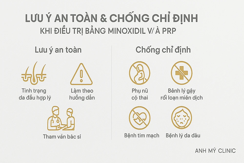 Infographic mô tả lưu ý và chống chỉ định khi điều trị rụng tóc bằng Minoxidil và PRP tại Phòng Khám Da Liễu Anh Mỹ
