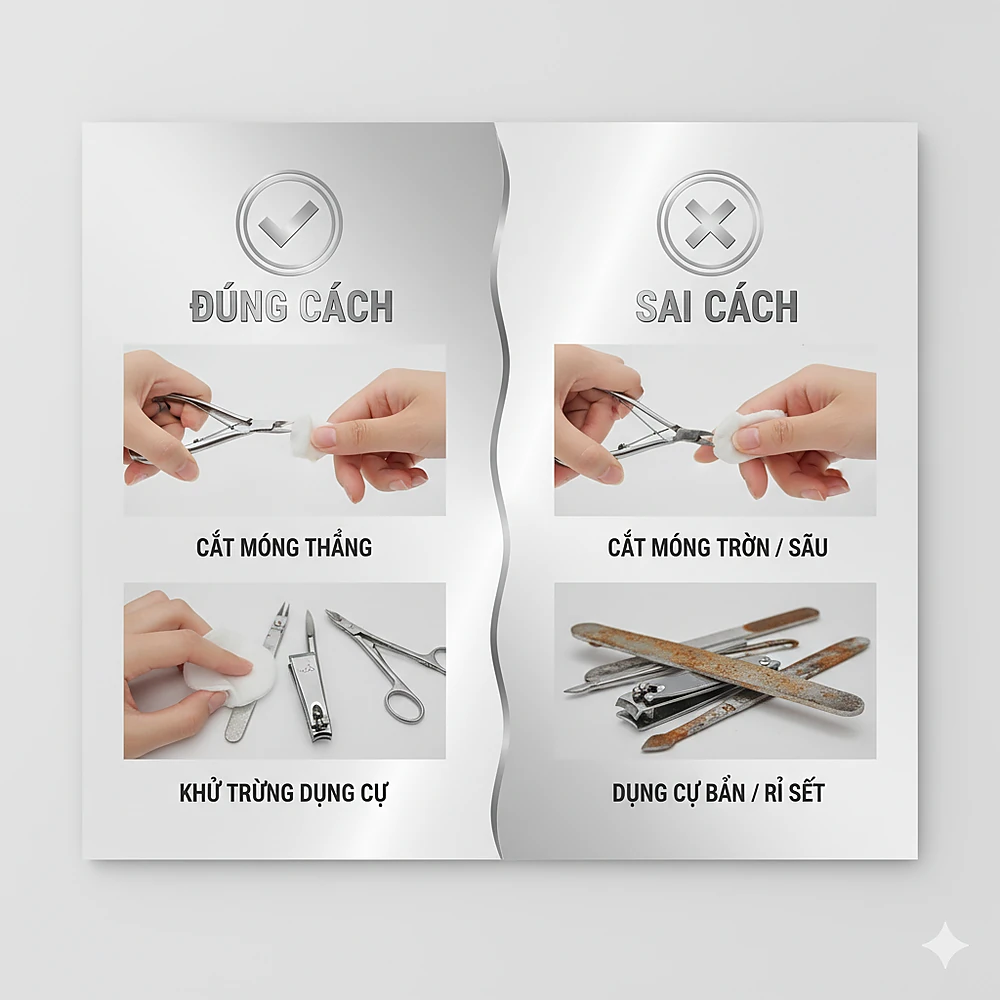 Hình hướng dẫn chăm sóc và phòng tái phát bệnh móng an toàn tại nhà – Phòng Khám Da Liễu Anh Mỹ.