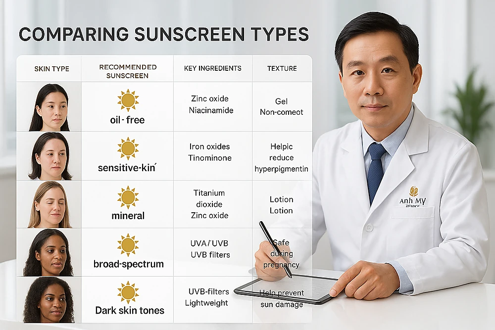 Infographic ma trận so sánh các loại kem chống nắng theo loại da mụn, nám, nhạy cảm và thai kỳ.