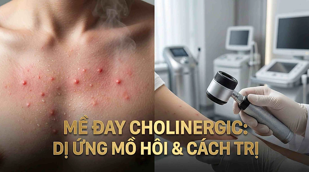 Hình ảnh chia đôi: Bên trái là vùng ngực người bị mề đay cholinergic với các nốt sẩn đỏ nhỏ, giọt mồ hôi và hơi nóng bốc lên. Bên phải là bác sĩ da liễu đang sử dụng máy soi da để thăm khám tại phòng khám hiện đại. Văn bản trên hình là 